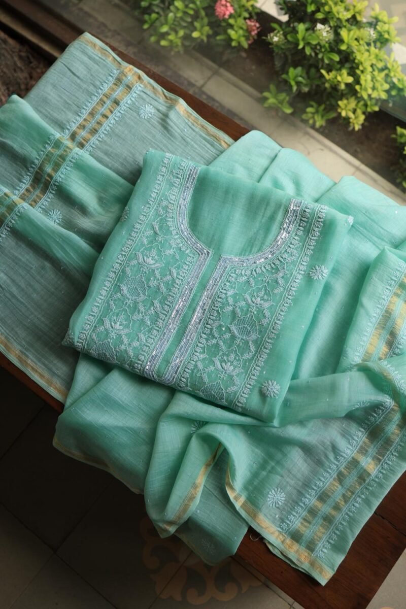 Sea Green Malmals Pearl Work Chikankari Fabrics