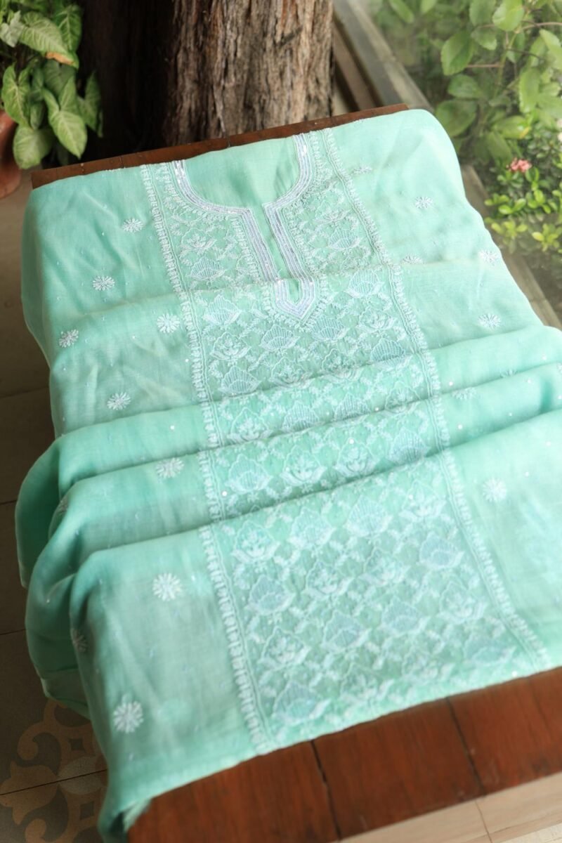 Sea Green Malmals Pearl Work Chikankari Fabrics