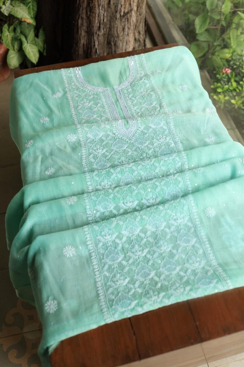 Sea Green Malmals Pearl Work Chikankari Fabrics