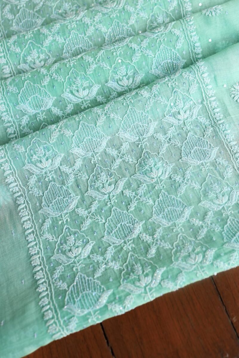 Sea Green Malmals Pearl Work Chikankari Fabrics