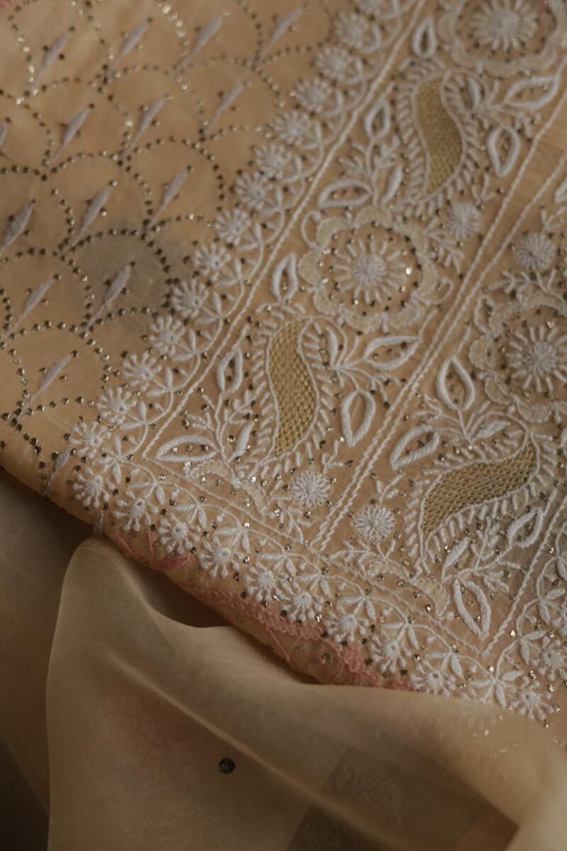 Beige Noor Organza Silk Chikankari With Mukaish Kamdani Fabric