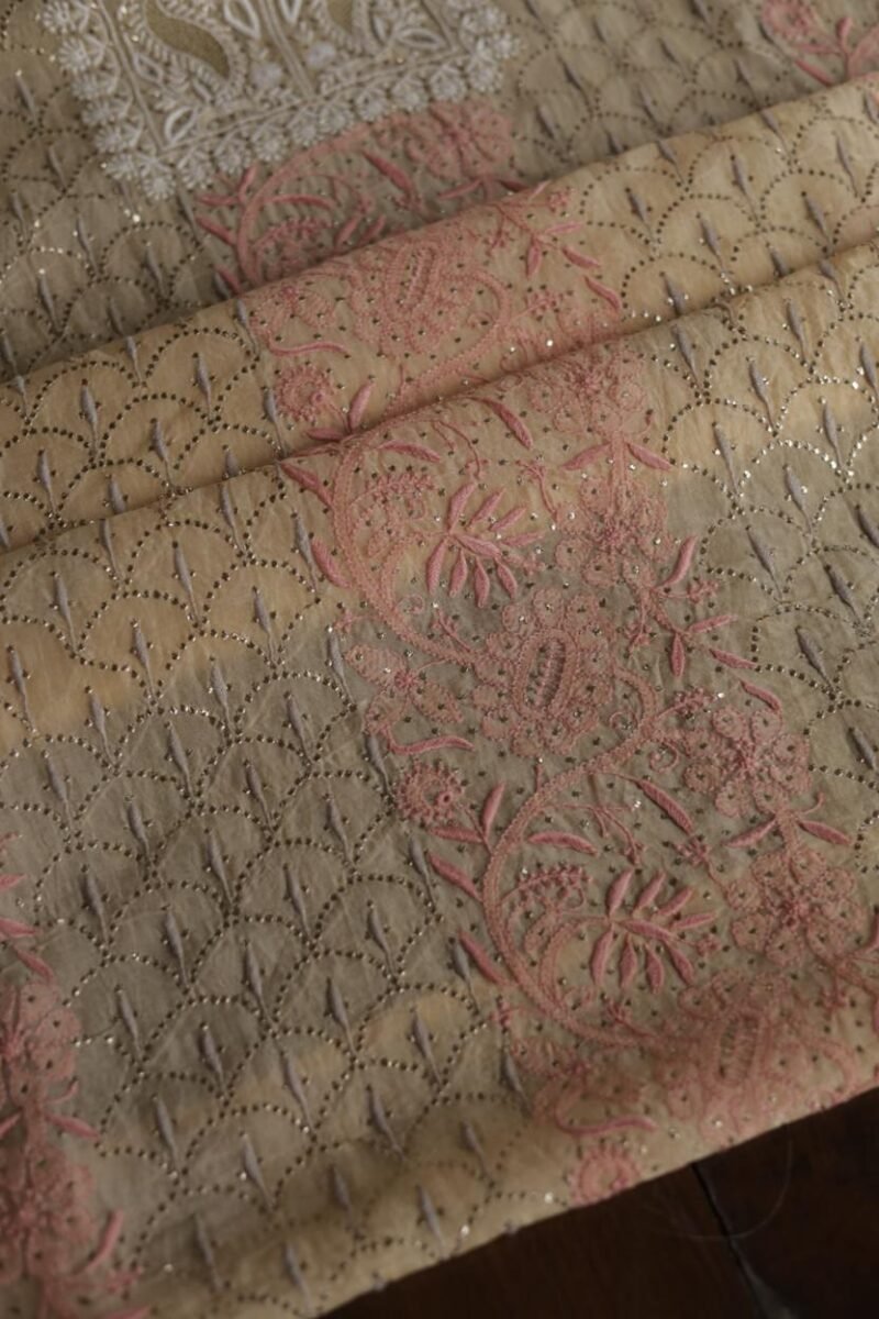 Beige Noor Organza Silk Chikankari With Mukaish Kamdani Fabric