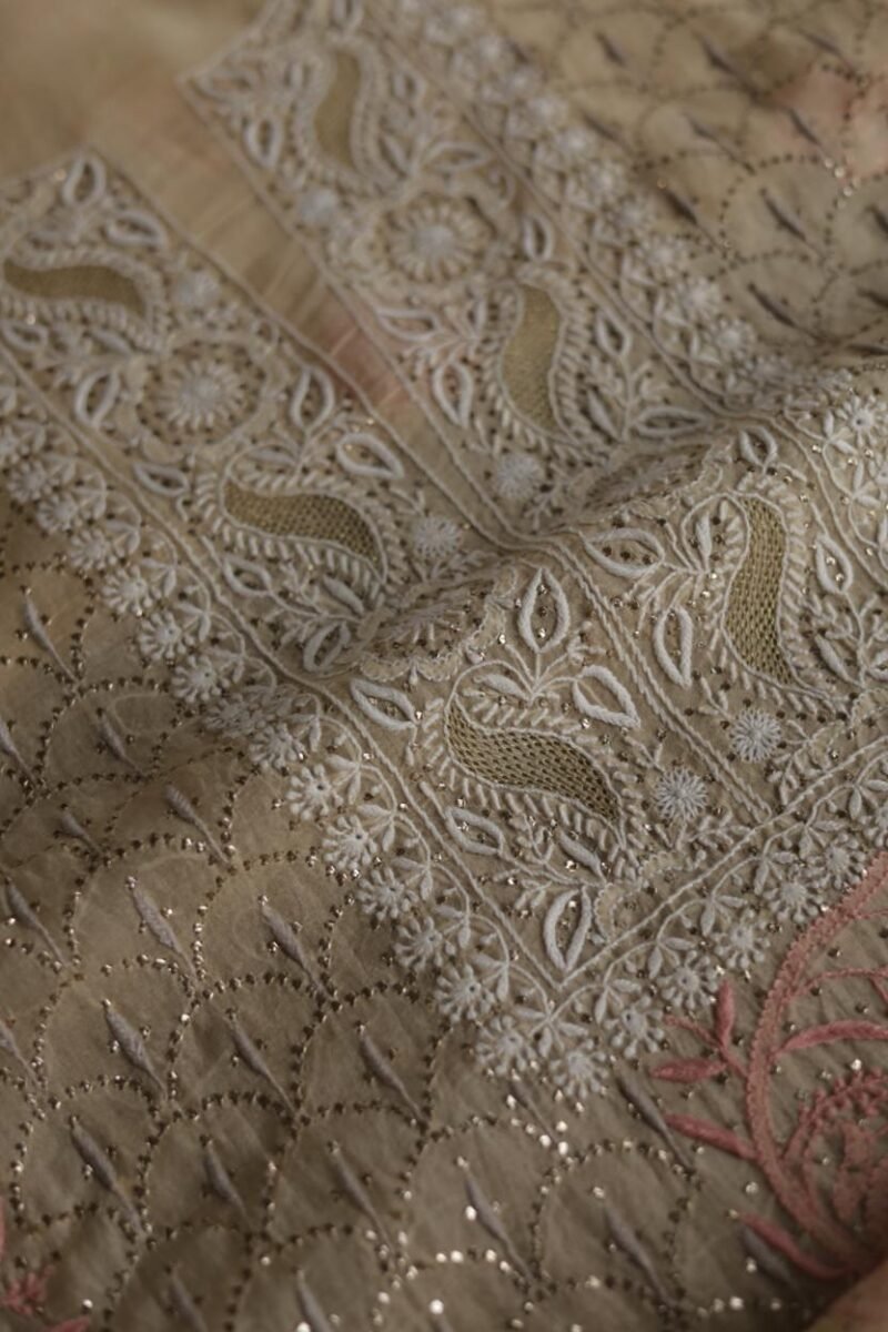 Beige Noor Organza Silk Chikankari With Mukaish Kamdani Fabric