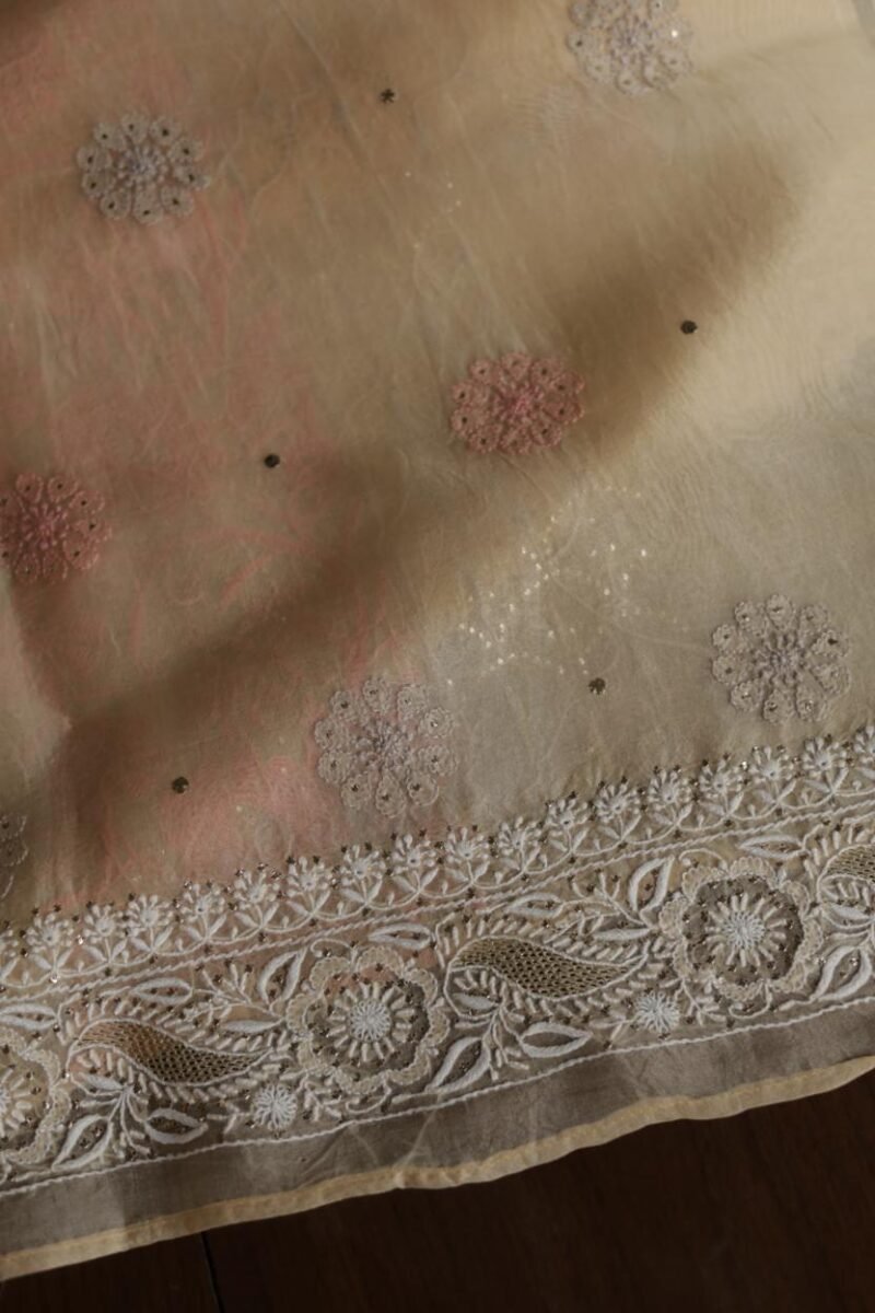 Beige Noor Organza Silk Chikankari With Mukaish Kamdani Fabric
