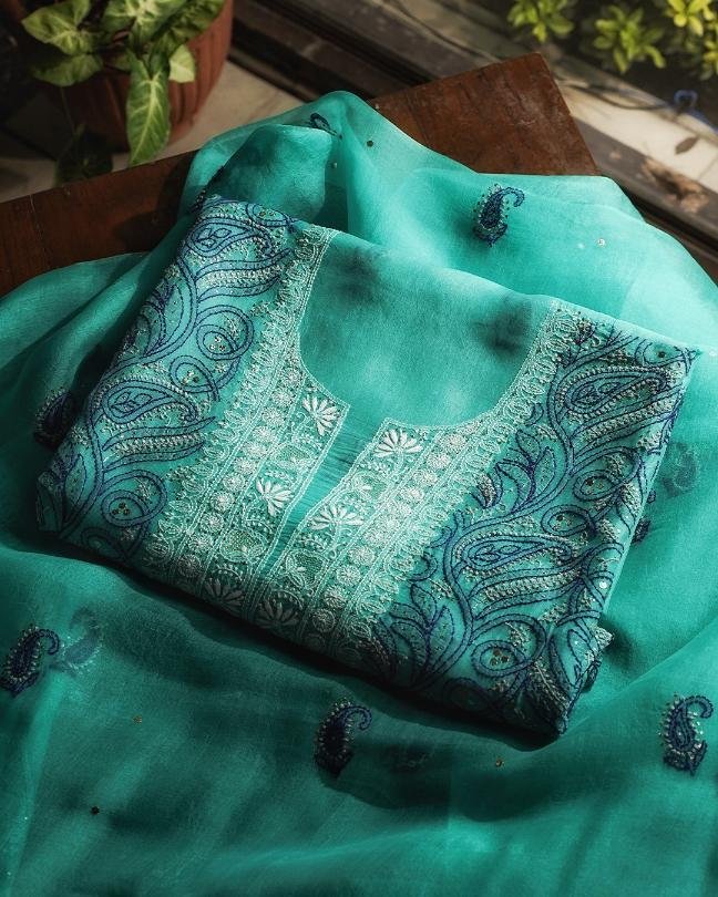 Blue Noor Organza Silk Chikankari With Mukaish Kamdani Fabric