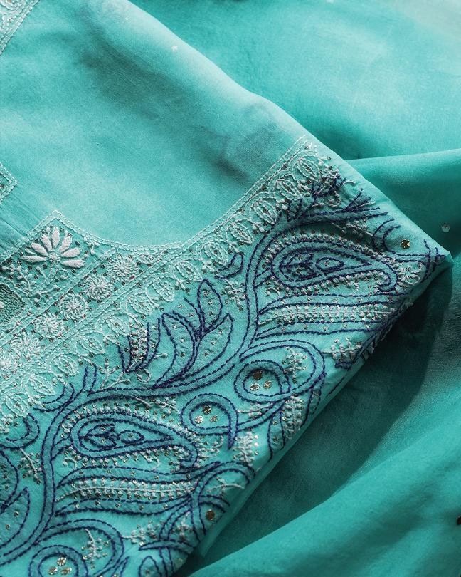 Blue Noor Organza Silk Chikankari With Mukaish Kamdani Fabric