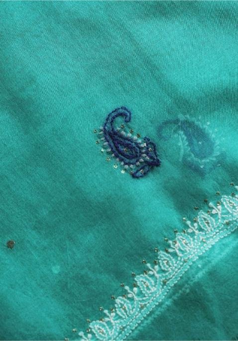 Blue Noor Organza Silk Chikankari With Mukaish Kamdani Fabric