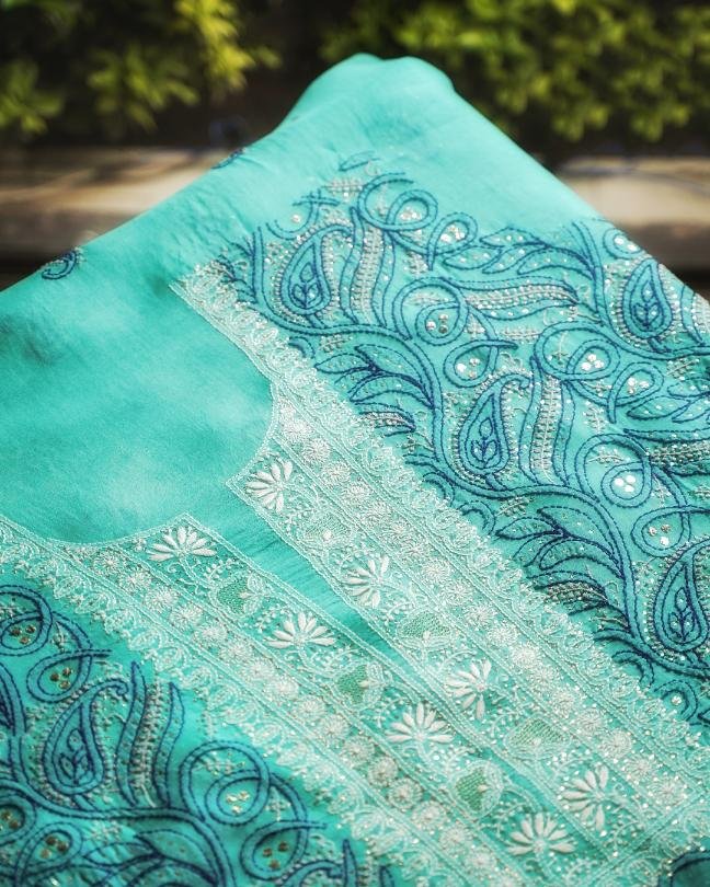 Blue Noor Organza Silk Chikankari With Mukaish Kamdani Fabric