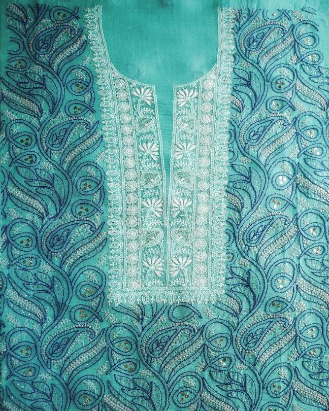 Blue Noor Organza Silk Chikankari With Mukaish Kamdani Fabric