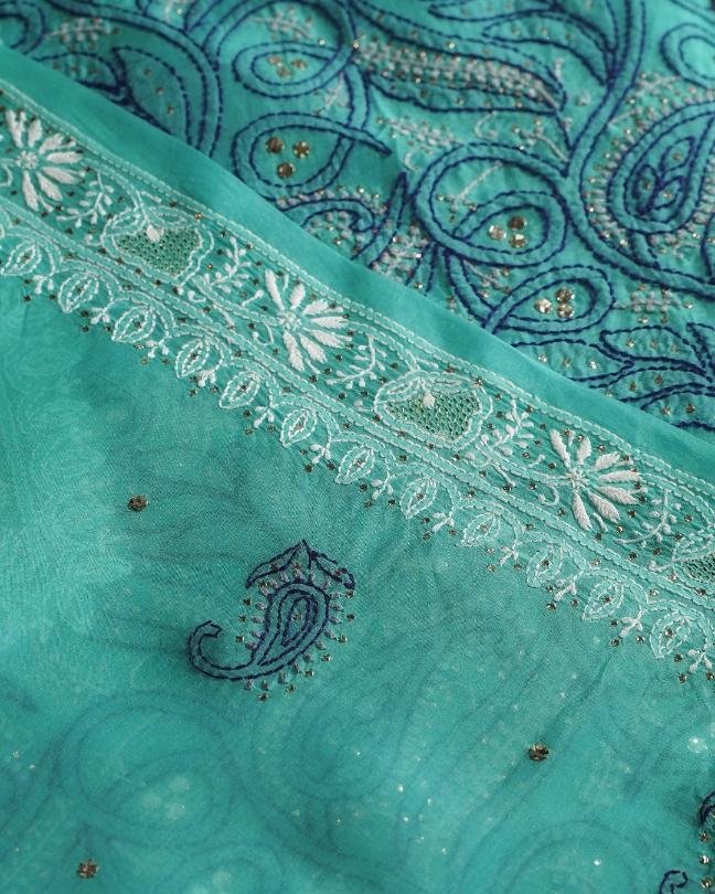 Blue Noor Organza Silk Chikankari With Mukaish Kamdani Fabric