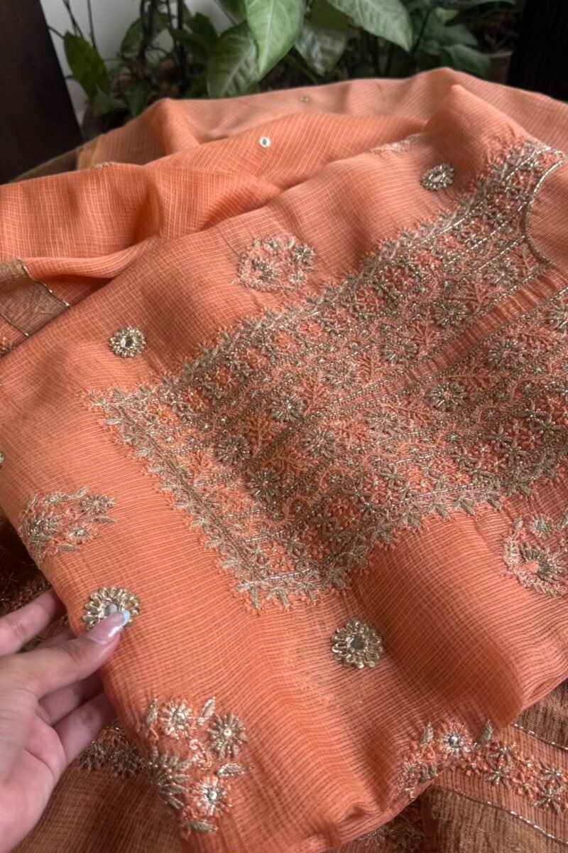 Coral Peach Handloom Kota Chikankari With Mirror Work Unstitched Kurta Dupatta Set