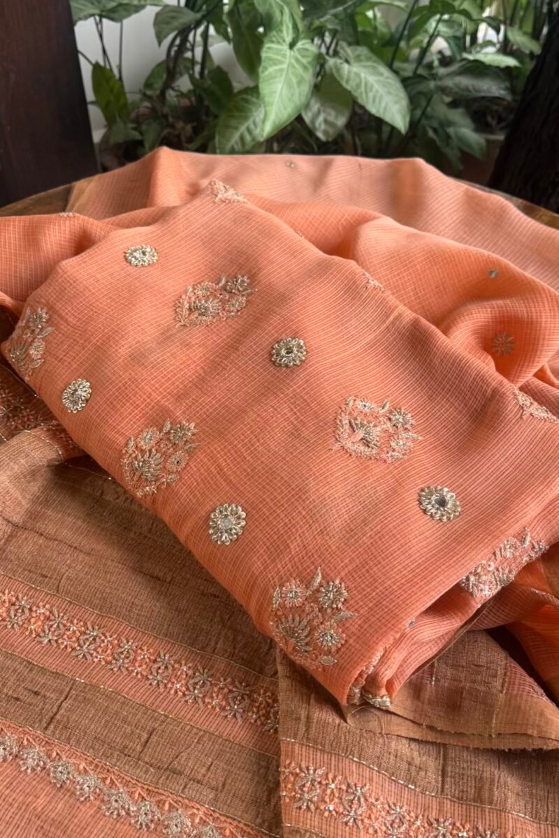 Coral Peach Handloom Kota Chikankari With Mirror Work Unstitched Kurta Dupatta Set