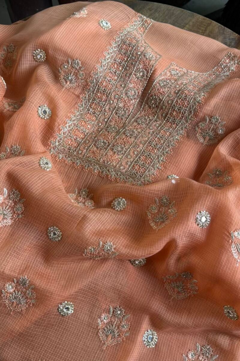 Coral Peach Handloom Kota Chikankari With Mirror Work Unstitched Kurta Dupatta Set