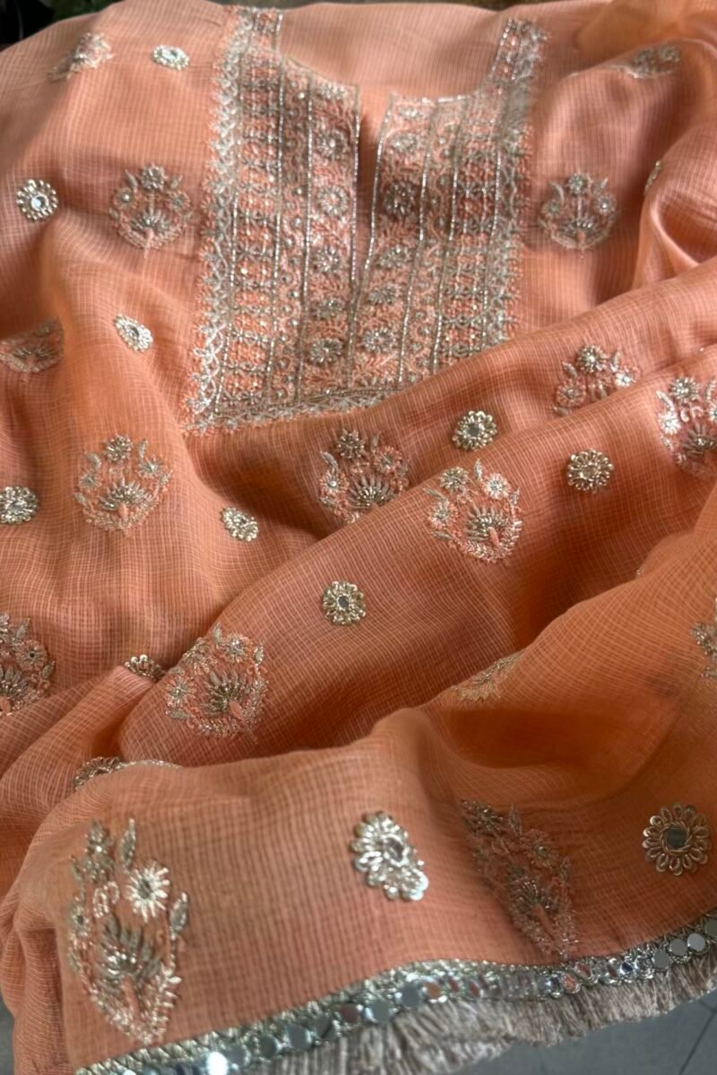 Coral Peach Handloom Kota Chikankari With Mirror Work Unstitched Kurta Dupatta Set