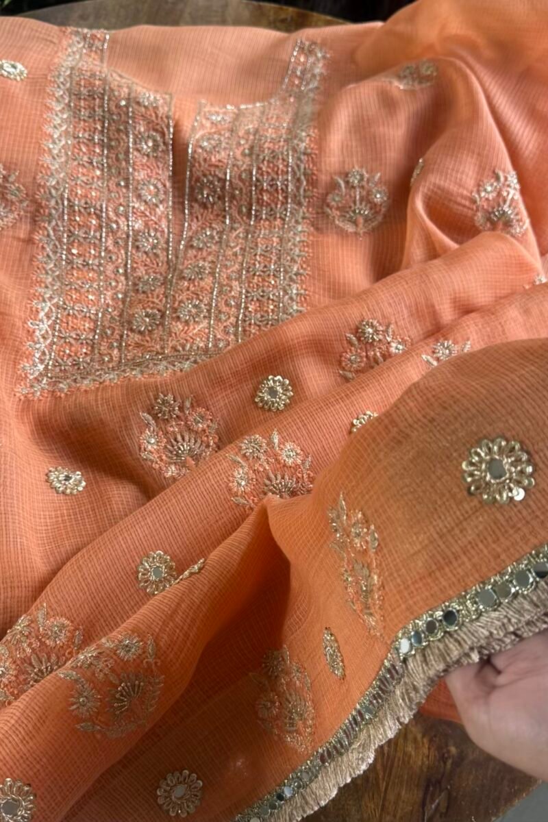 Coral Peach Handloom Kota Chikankari With Mirror Work Unstitched Kurta Dupatta Set
