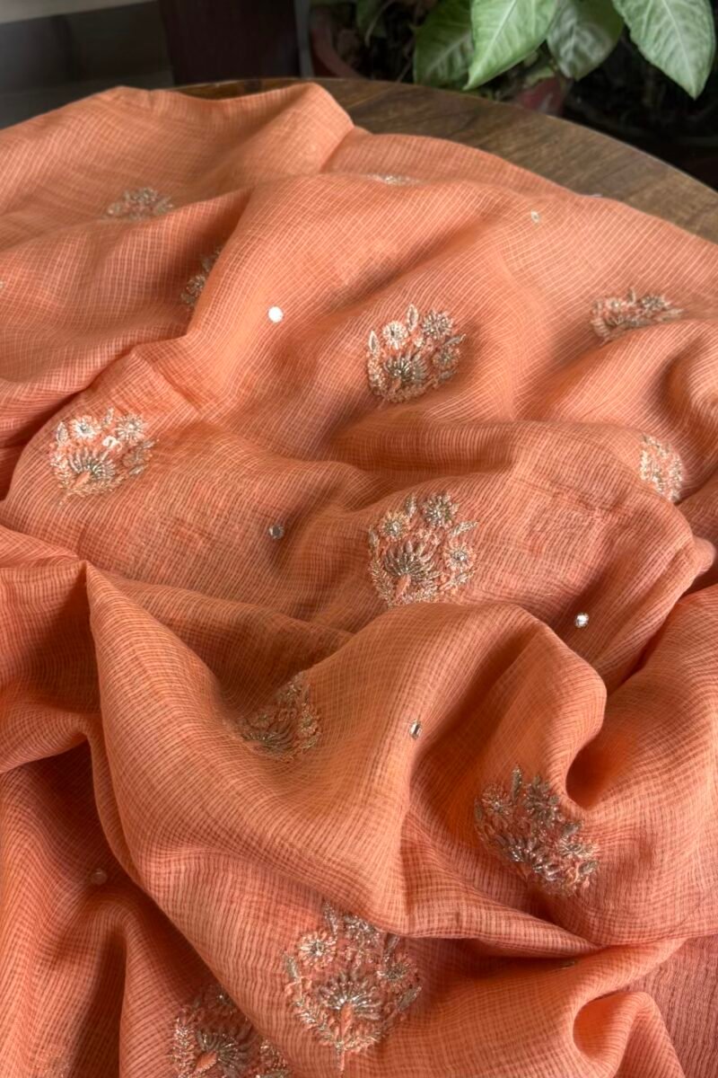 Coral Peach Handloom Kota Chikankari With Mirror Work Unstitched Kurta Dupatta Set