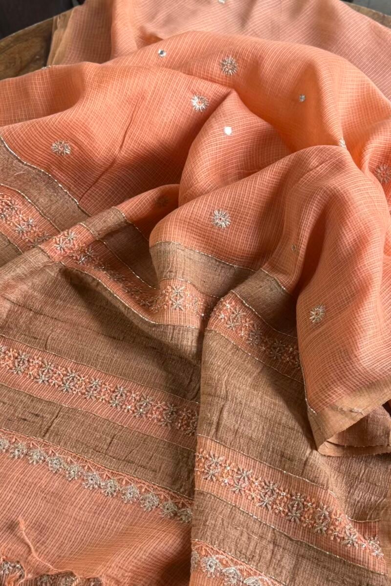 Coral Peach Handloom Kota Chikankari With Mirror Work Unstitched Kurta Dupatta Set