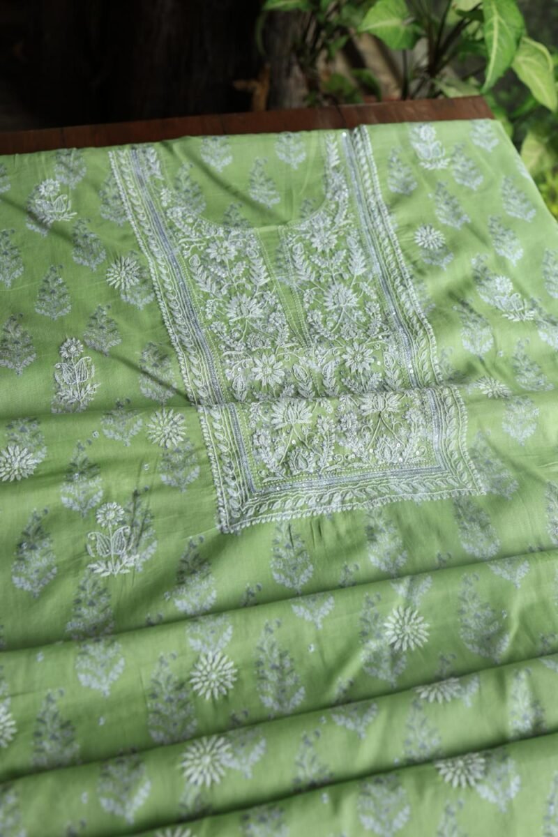 Green Cotton Chikankari Unstitched Kurta Fabrics