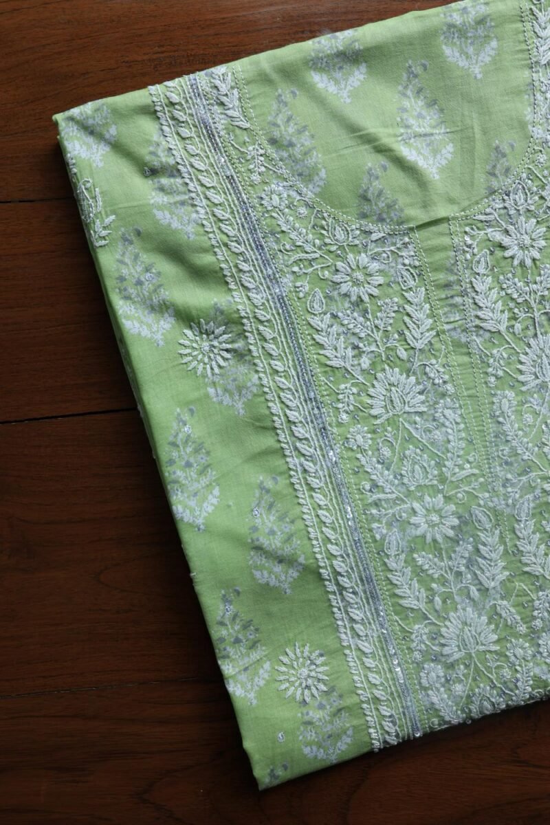 Green Cotton Chikankari Unstitched Kurta Fabrics