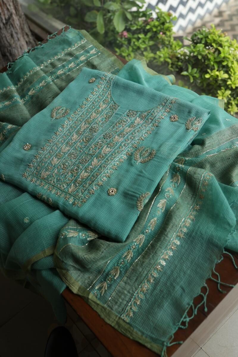 Green Handloom Kota Chikankari With Mirror Work Unstitched Kurta Dupatta Set