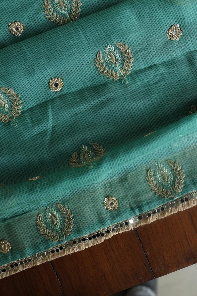 Green Handloom Kota Chikankari With Mirror Work Unstitched Kurta Dupatta Set
