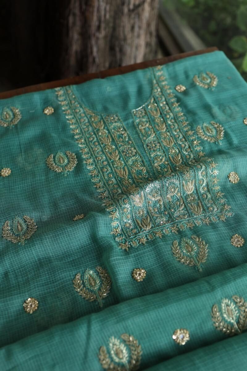 Green Handloom Kota Chikankari With Mirror Work Unstitched Kurta Dupatta Set