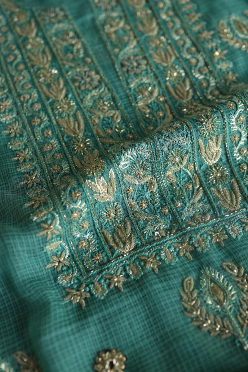 Green Handloom Kota Chikankari With Mirror Work Unstitched Kurta Dupatta Set
