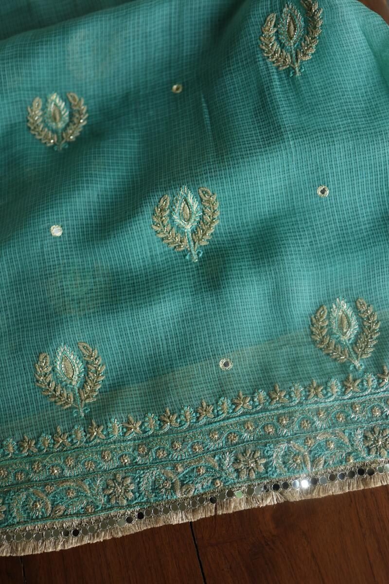 Green Handloom Kota Chikankari With Mirror Work Unstitched Kurta Dupatta Set