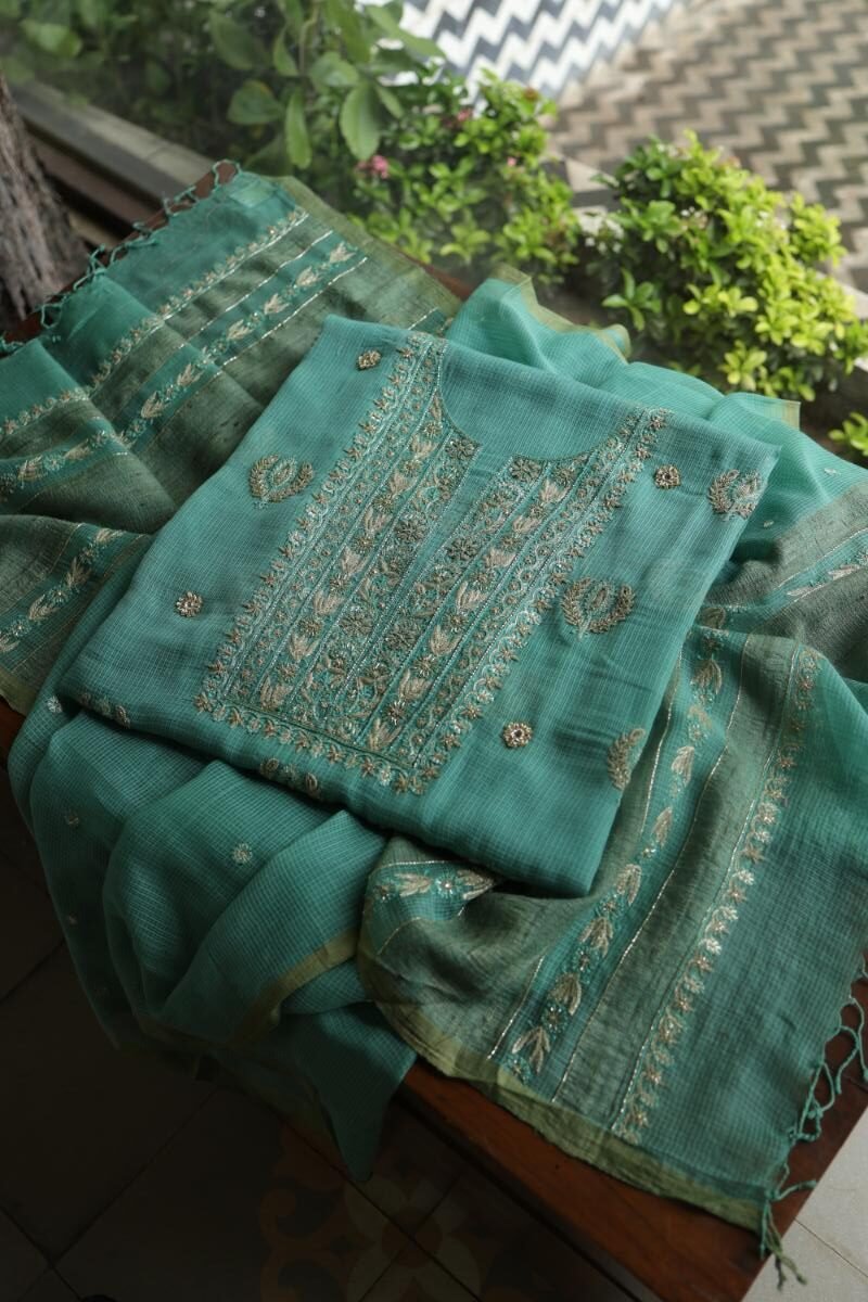 Green Handloom Kota Chikankari With Mirror Work Unstitched Kurta Dupatta Set
