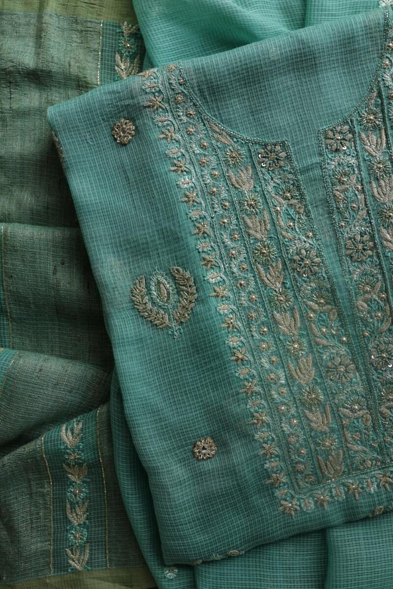 Green Handloom Kota Chikankari With Mirror Work Unstitched Kurta Dupatta Set