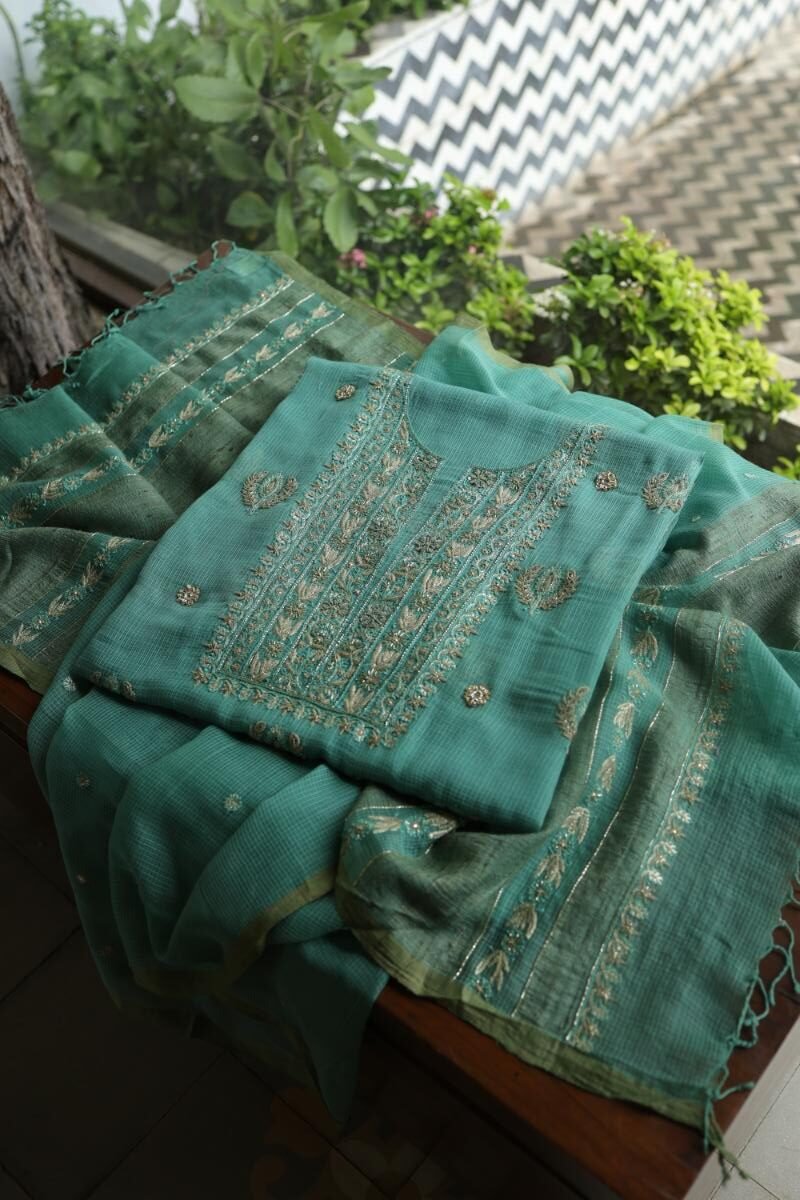 Green Handloom Kota Chikankari With Mirror Work Unstitched Kurta Dupatta Set
