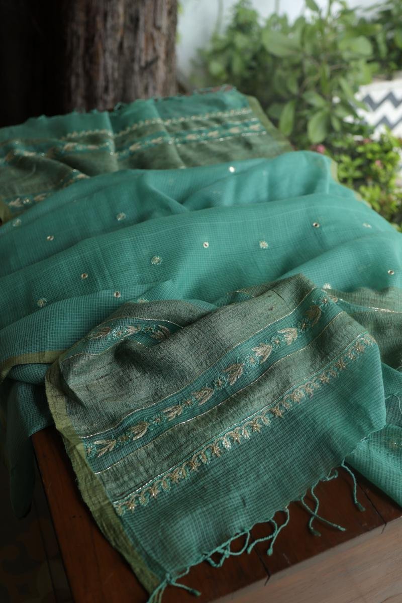 Green Handloom Kota Chikankari With Mirror Work Unstitched Kurta Dupatta Set