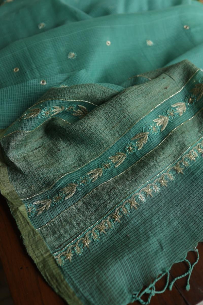 Green Handloom Kota Chikankari With Mirror Work Unstitched Kurta Dupatta Set