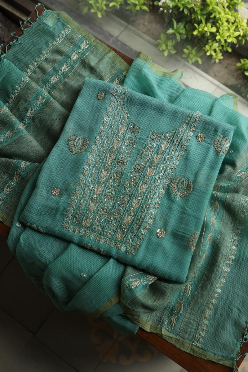 Green Handloom Kota Chikankari With Mirror Work Unstitched Kurta Dupatta Set