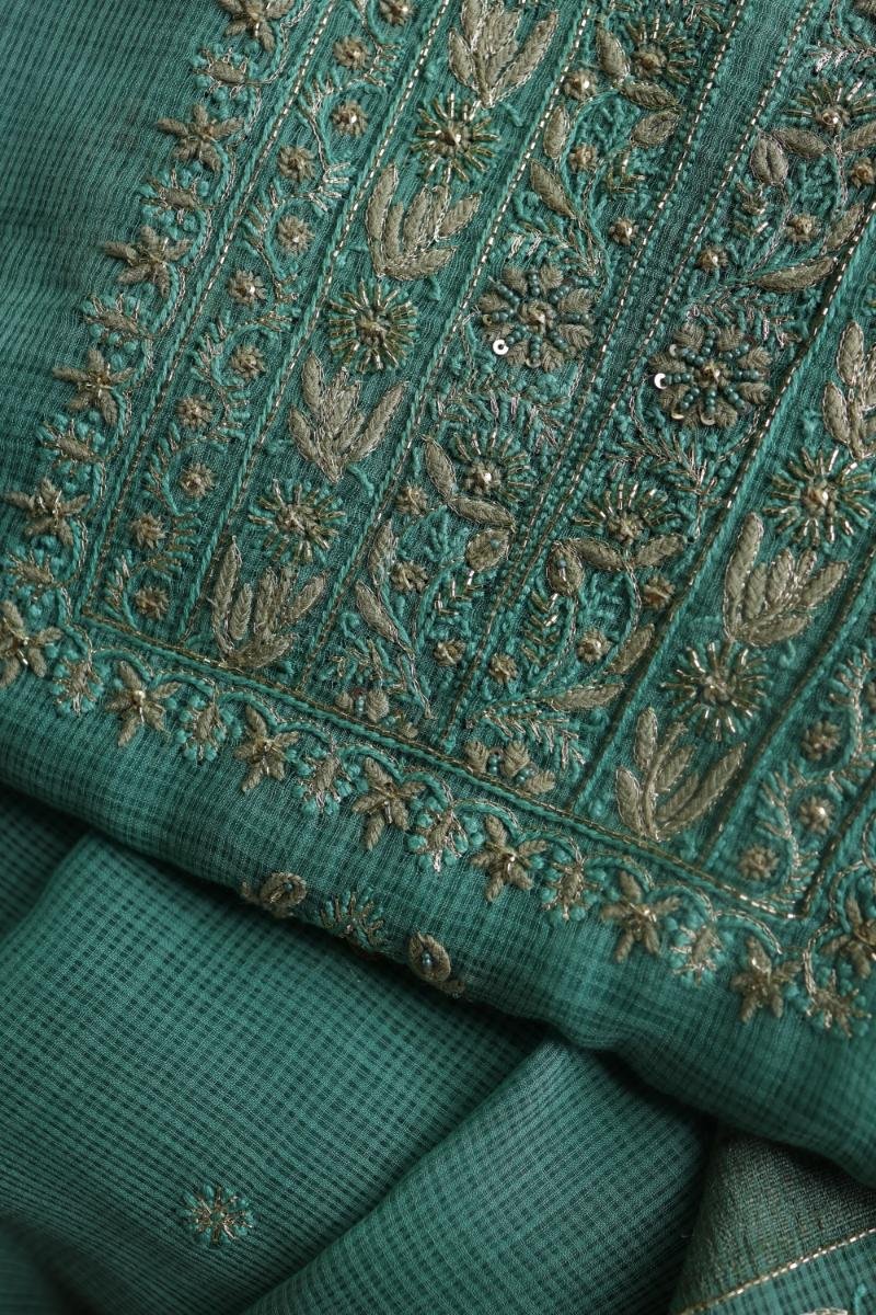 Green Handloom Kota Chikankari With Mirror Work Unstitched Kurta Dupatta Set