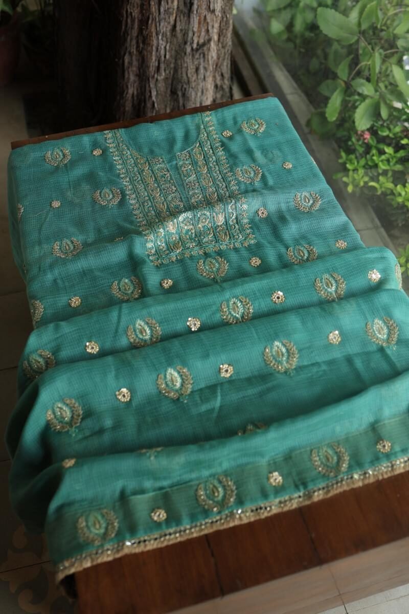 Green Handloom Kota Chikankari With Mirror Work Unstitched Kurta Dupatta Set