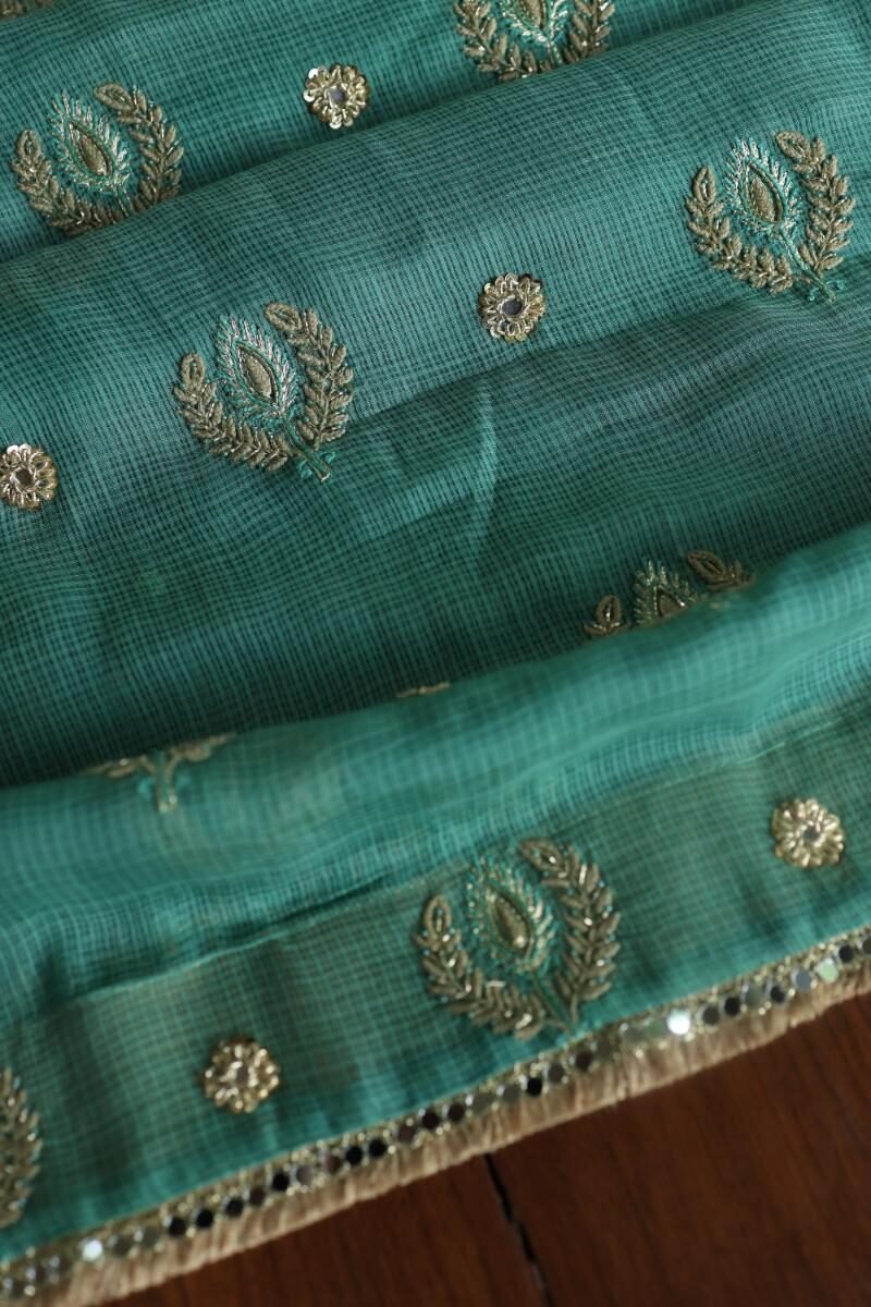 Green Handloom Kota Chikankari With Mirror Work Unstitched Kurta Dupatta Set