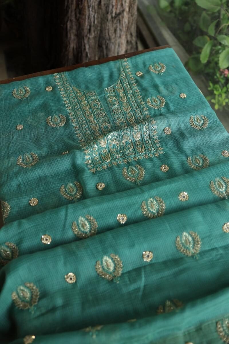 Green Handloom Kota Chikankari With Mirror Work Unstitched Kurta Dupatta Set