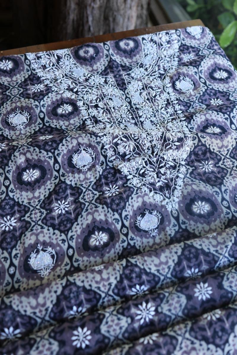 Grey & White Soft Cotton Printed Unstitched Kurta Dupatta Set with Chikankari & Sequin Work