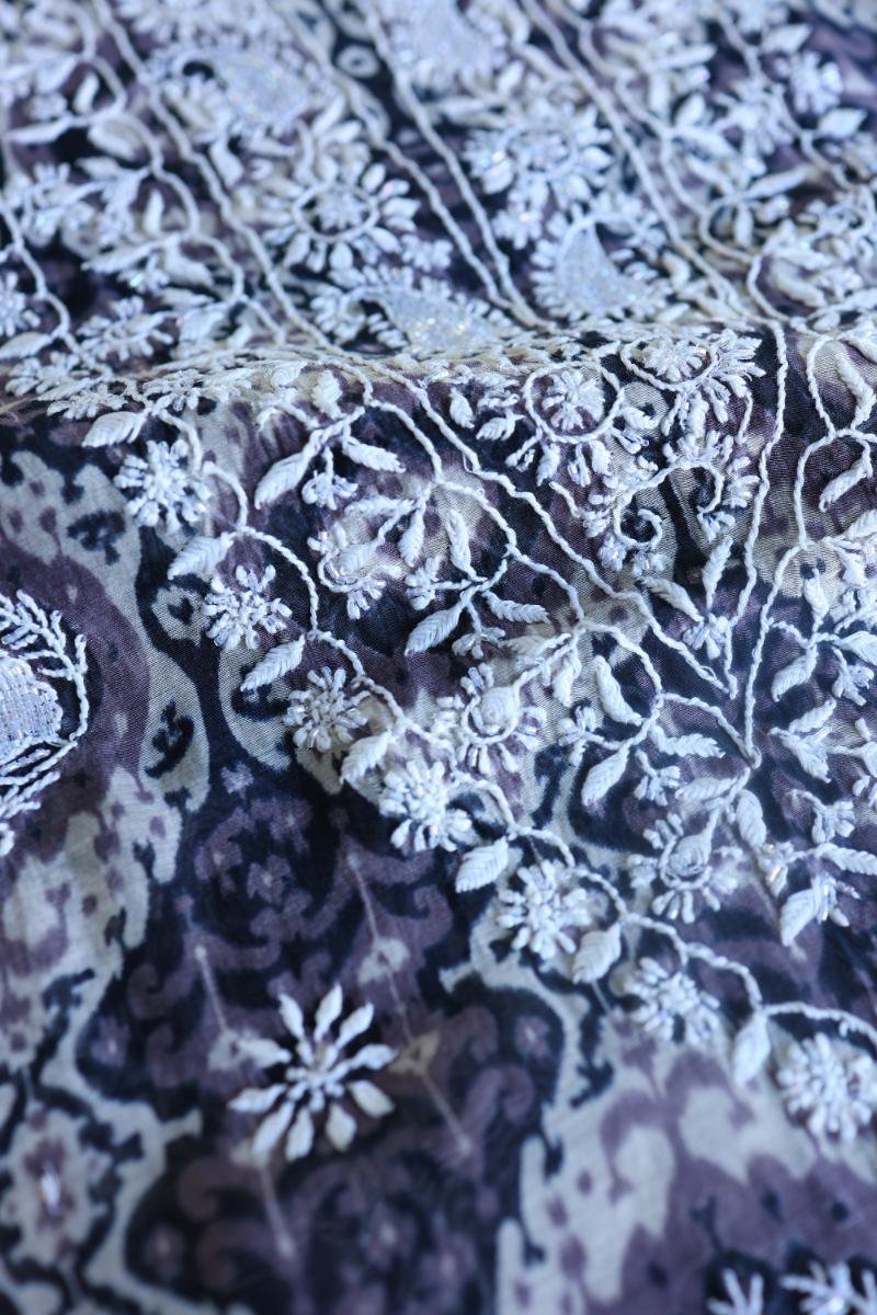 Grey & White Soft Cotton Printed Unstitched Kurta Dupatta Set with Chikankari & Sequin Work