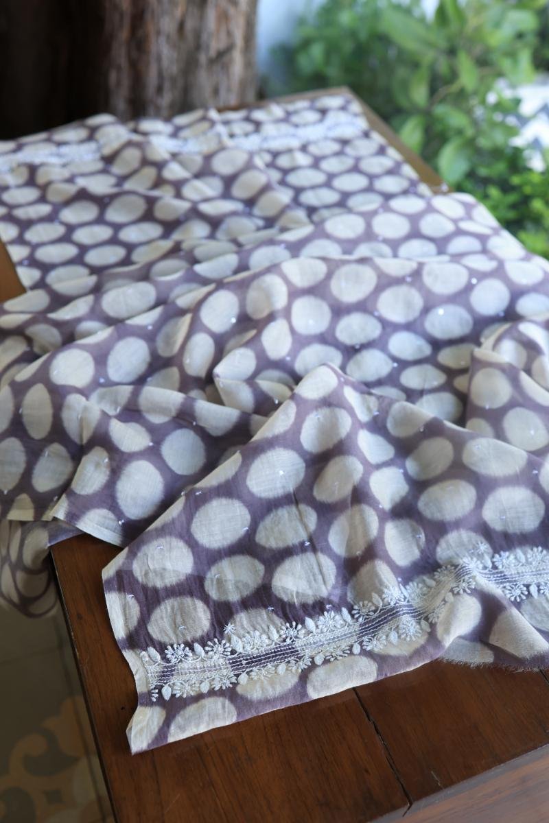 Grey & White Soft Cotton Printed Unstitched Kurta Dupatta Set with Chikankari & Sequin Work