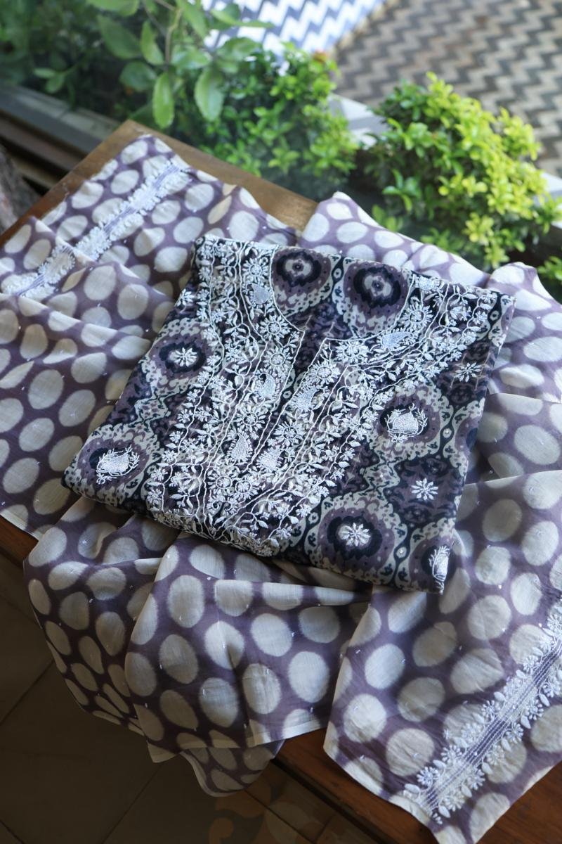 Grey & White Soft Cotton Printed Unstitched Kurta Dupatta Set with Chikankari & Sequin Work