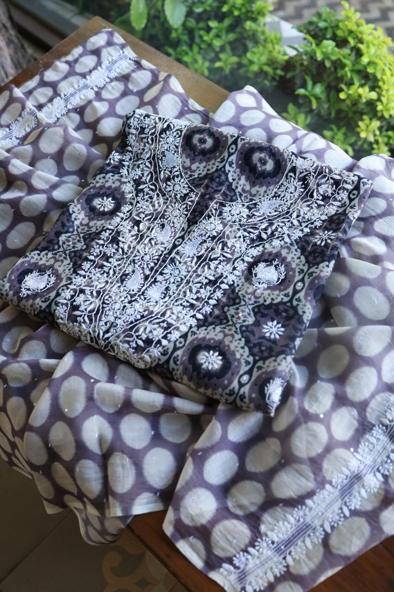 Grey & White Soft Cotton Printed Unstitched Kurta Dupatta Set with Chikankari & Sequin Work
