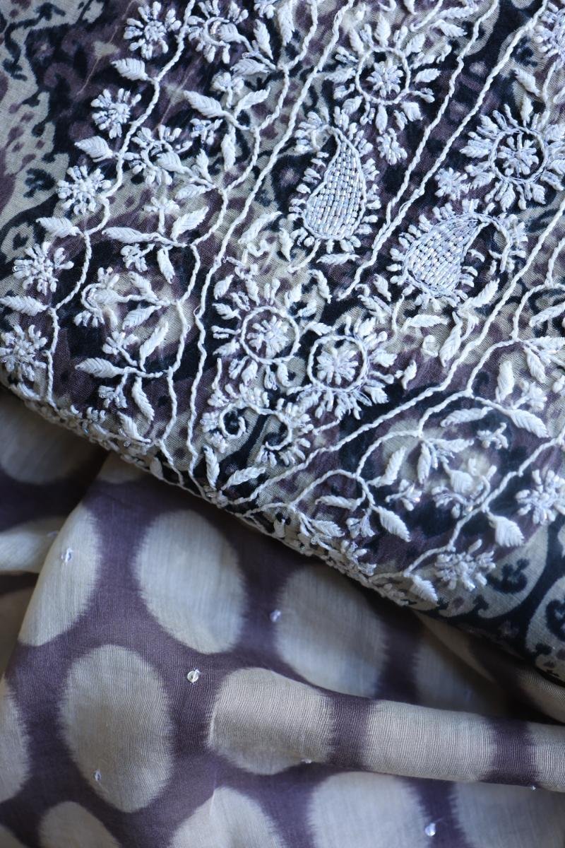 Grey & White Soft Cotton Printed Unstitched Kurta Dupatta Set with Chikankari & Sequin Work