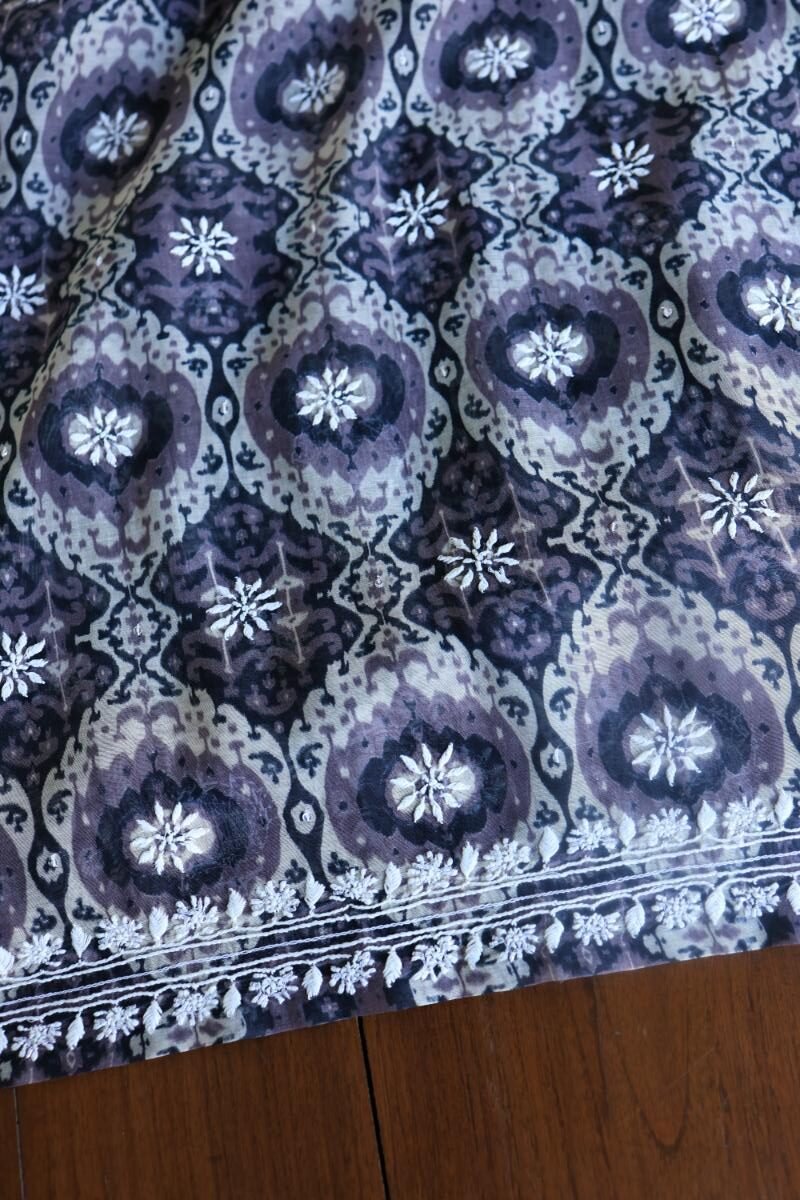 Grey & White Soft Cotton Printed Unstitched Kurta Dupatta Set with Chikankari & Sequin Work