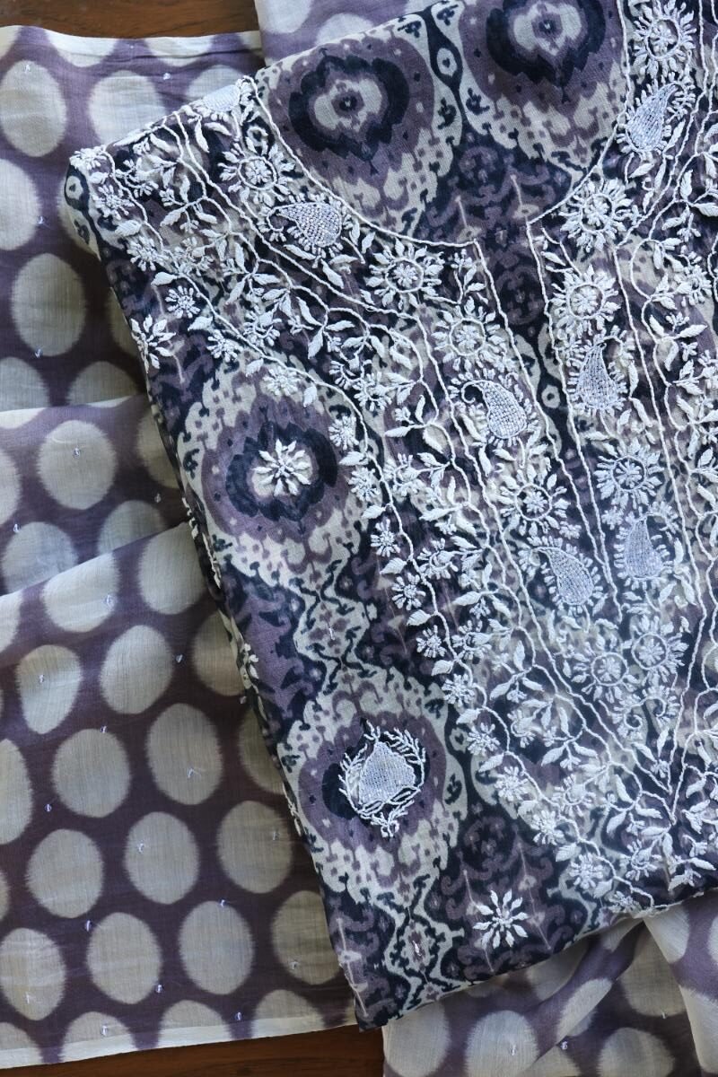 Grey & White Soft Cotton Printed Unstitched Kurta Dupatta Set with Chikankari & Sequin Work