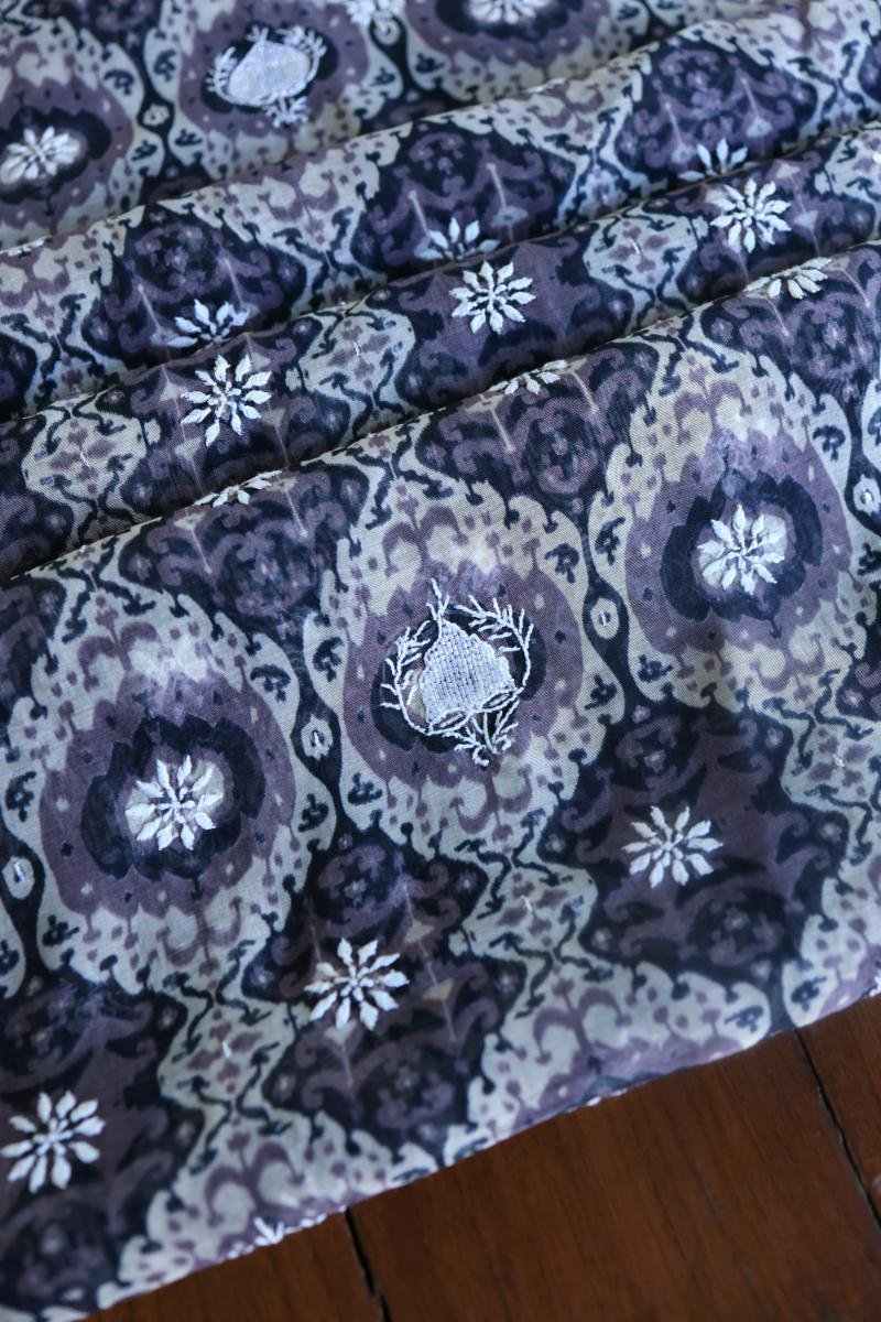 Grey & White Soft Cotton Printed Unstitched Kurta Dupatta Set with Chikankari & Sequin Work