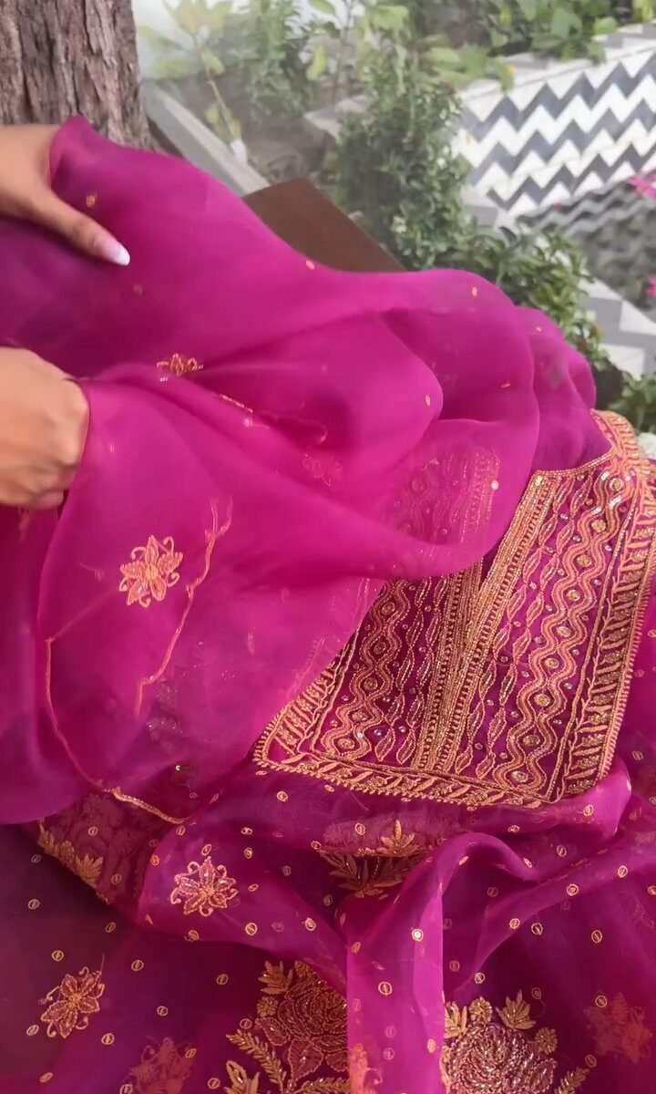 Magenta Noor Organza Silk Chikankari Unstitched Kurta Dupatta Set