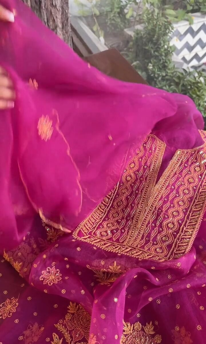 Magenta Noor Organza Silk Chikankari Unstitched Kurta Dupatta Set