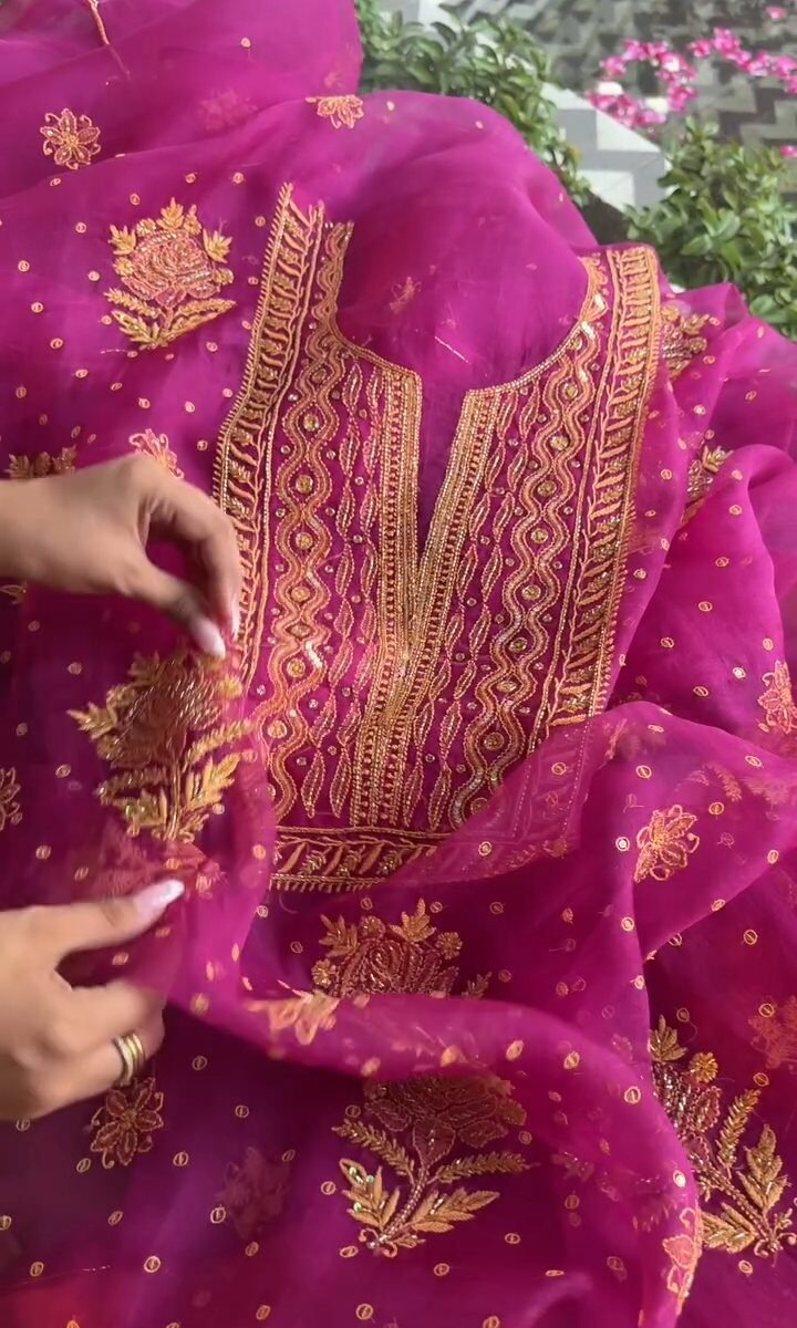 Magenta Noor Organza Silk Chikankari Unstitched Kurta Dupatta Set